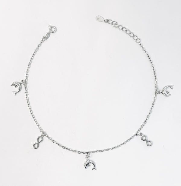 Dolphin & Infinity Charm Anklet in 925 Sterling Silver