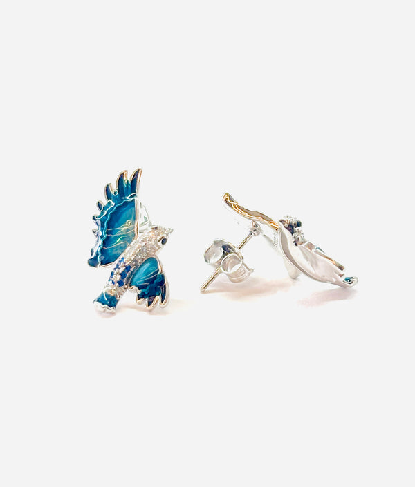 Silver Blue Enamel Flying Bird Stud
