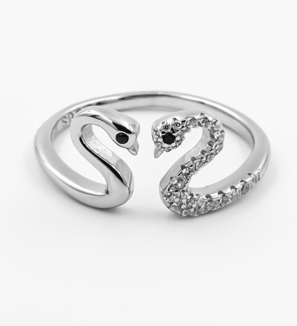 Silver Twin Swan Zirconia Open Ring – Grace in Harmony
