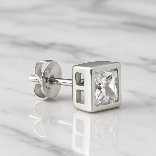 Men’s Silver Princess-Cut Zirconia Stud – Refined Boldness