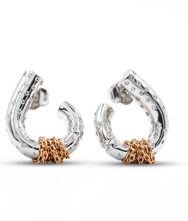 Dual-Tone Textured Hoop Earrings with Zirconia