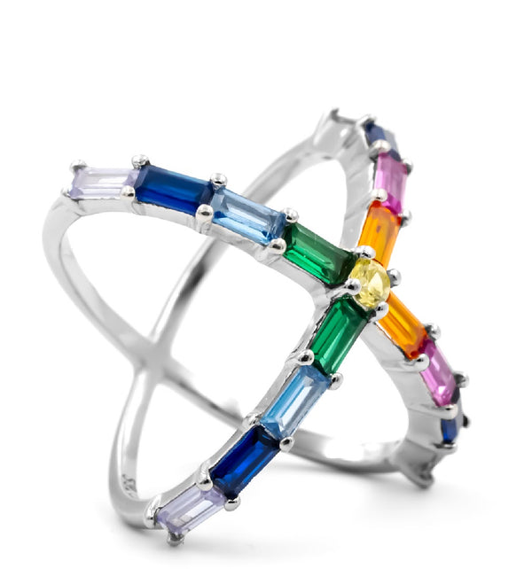 Rainbow Cross Baguette Ring