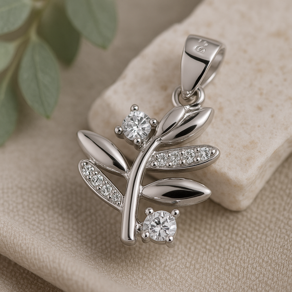 925 Sterling Silver Leaf Pendant with CZ Accents