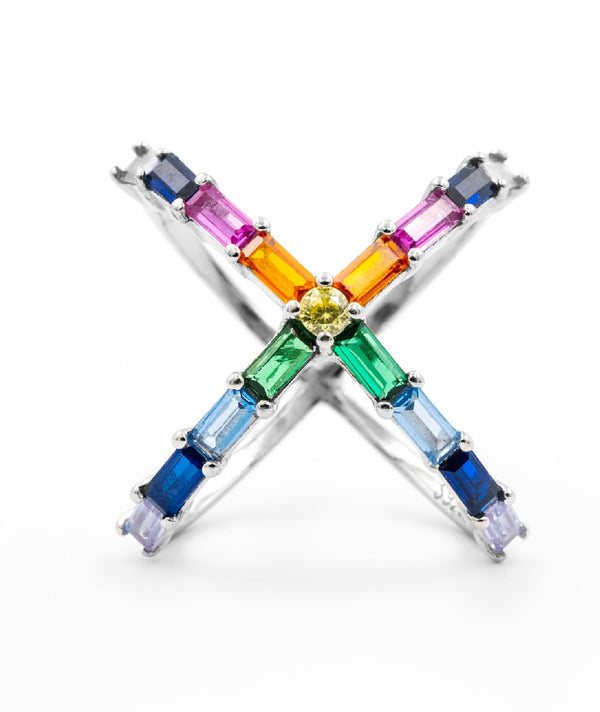 Rainbow Cross Baguette Ring