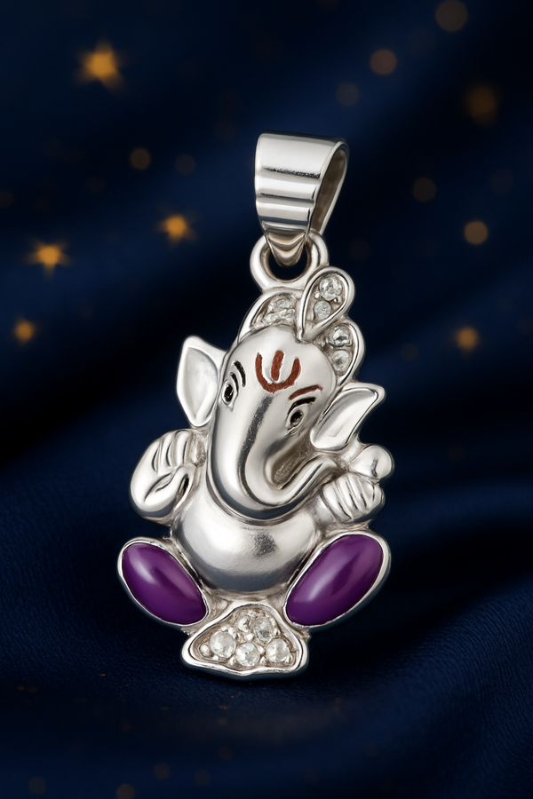 925 Sterling Silver Lord Ganesha Pendant with Purple Accents