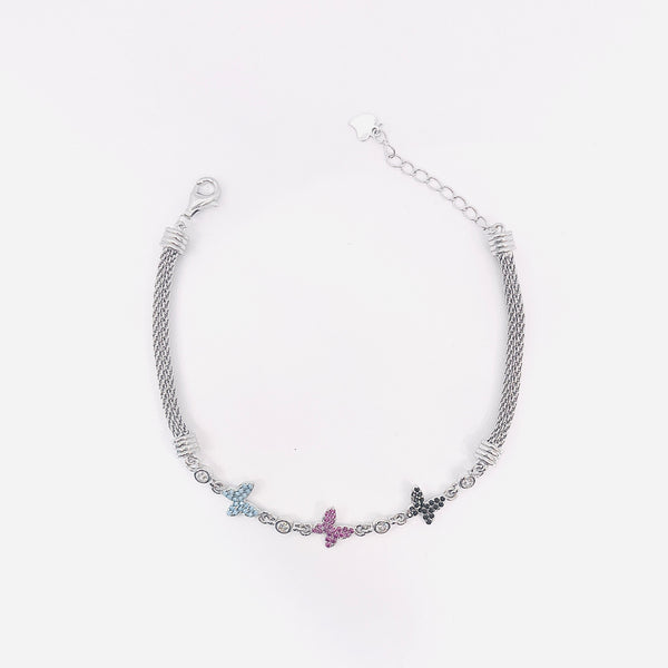Silver Mesh Bracelet with Multicolor Butterfly Charms