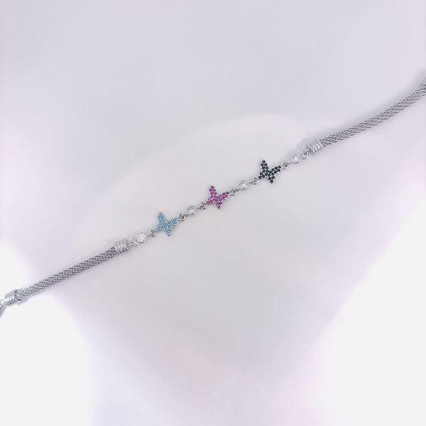Silver Mesh Bracelet with Multicolor Butterfly Charms