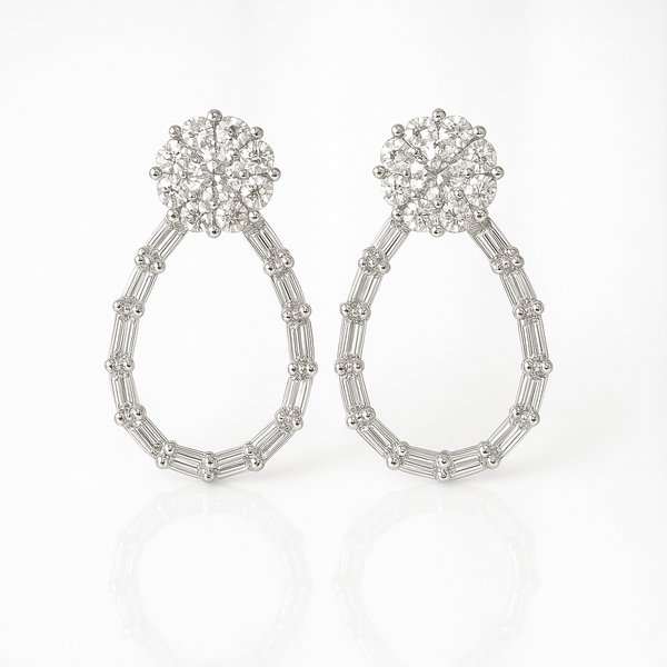 Floral Top Baguette Zirconia Drop Earrings