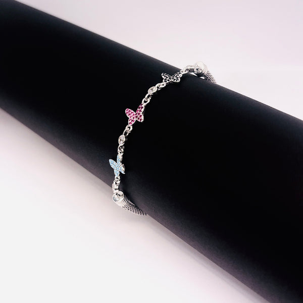 Silver Mesh Bracelet with Multicolor Butterfly Charms