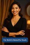 Confident modern woman in elegant black outfit wearing Pahel silver necklace and bracelet – bold and beautiful jewellery banner.
